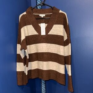 Free for All- NWT V-Neck Sweater in Brown and Cream Stripes Size XL